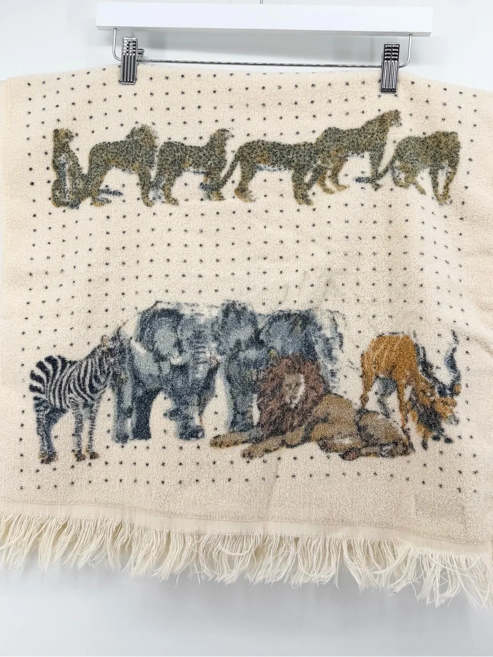 Vtg 70s Lady Pepperell West Point Animal Walk Safari Fringe Towel Off White
